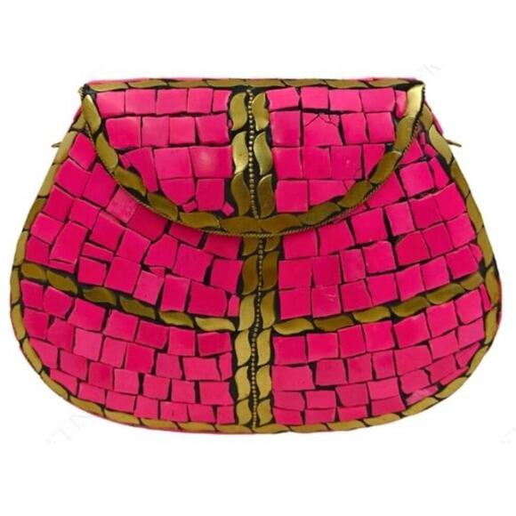 NEW Women's Glossy Pink Mosaic Tiles Gold Accents Semi-Circle Design Clutch - Picture 1 of 9